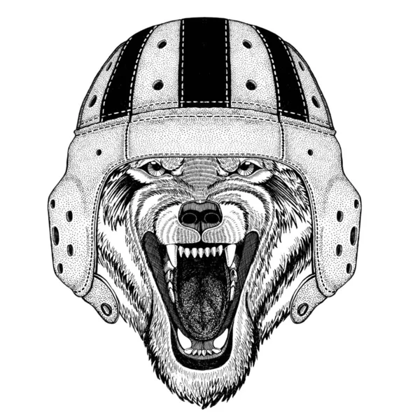 Wilk pies dzikich zwierząt dzikich zwierząt, noszenie hełm ilustracja Sport w rugby — Zdjęcie stockowe