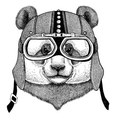 Ayı Panda, bambu motosiklet, motosiklet, havacı ayı, club illüstrasyon dövme, t-shirt, amblem, rozet, logo, yama için sinek