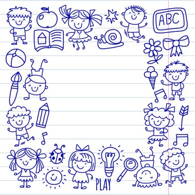 Anaokulu çizen çocuklar. Mutlu çocuklar. Çocuklar için illüstrasyon oynuyorlar.