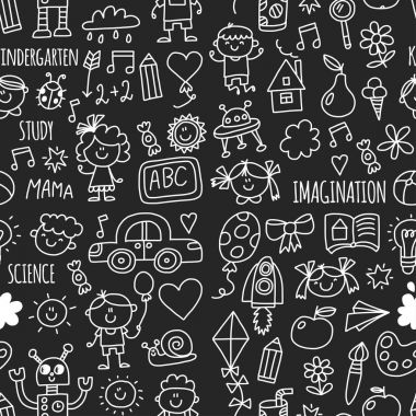 Dikişsiz desen Okulu, anaokulu. Mutlu çocuklar. Yaratıcılık, hayal doodle simgeler çocuklarla. Oyun, eğitim, mutlu öğrenciler bilim büyümek ve macera keşfetmek araştırma