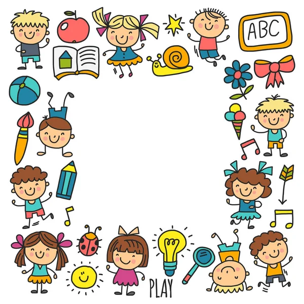 幼稚園を描く子供たち幸せな子供たちは子供のためのイラストを再生保育園の子供アイコン — ストックベクタ