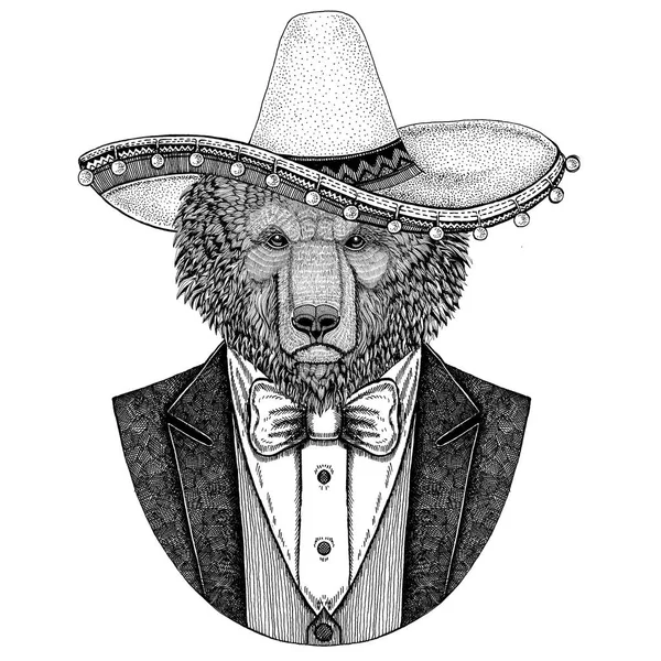 Medvěd hnědý ruského medvěda ručně kreslené ilustrace pro tetování, tričko, logotyp Bear nosit bundu, vestu a motýlek, mějte s somrero mexické národní klobouk — Stock fotografie