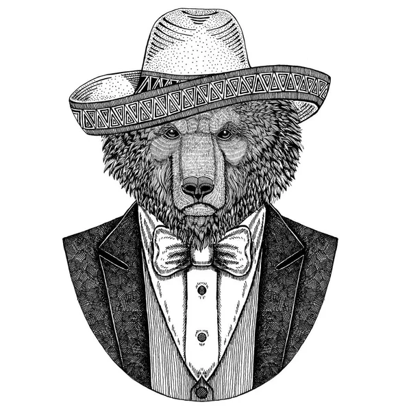 Niedźwiedź brunatny rosyjskiego niedźwiedzia ilustracja tatuaż, t-shirt, logotyp niedźwiedź noszenie kurtki, kamizelki i muszka pokrywa się ze somrero Mexican hat krajowych — Zdjęcie stockowe
