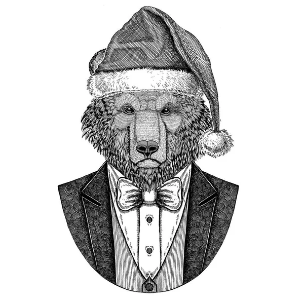 Бурый медведь Русский медведь Рисунок ручной работы для татуировки, футболки, логотипа Медведь носить куртку, жилет и бабочку галстук Рождественская шляпа — стоковое фото