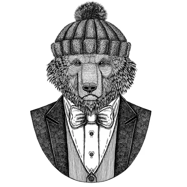Braunbär russischer Bär handgezeichnete Illustration für Tätowierung, T-Shirt, Logotyp Bär trägt Jacke, Weste und Fliege Wintermütze Strickmütze — Stockfoto