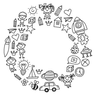 Çizim simgeler alanı, Macera, keşif, hayal gücü kavramı anaokulu anaokulu okul öncesi eğitim ile Doodle desen çocuklar oynamak ve çocuklar ve kızlar çalışma çocuk çocuklar