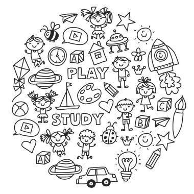 Çizim simgeler alanı, Macera, keşif, hayal gücü kavramı anaokulu anaokulu okul öncesi eğitim ile Doodle desen çocuklar oynamak ve çocuklar ve kızlar çalışma çocuk çocuklar