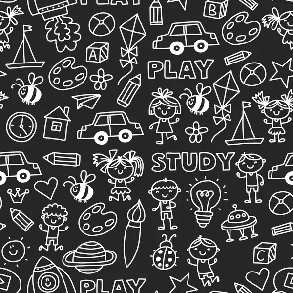 Kindergarten Nursery Preschool School education with children Doodle pattern Play and study Boys and girls kids drawing icons Space, adventure, exploration, imagination concept Blackboard chalk image