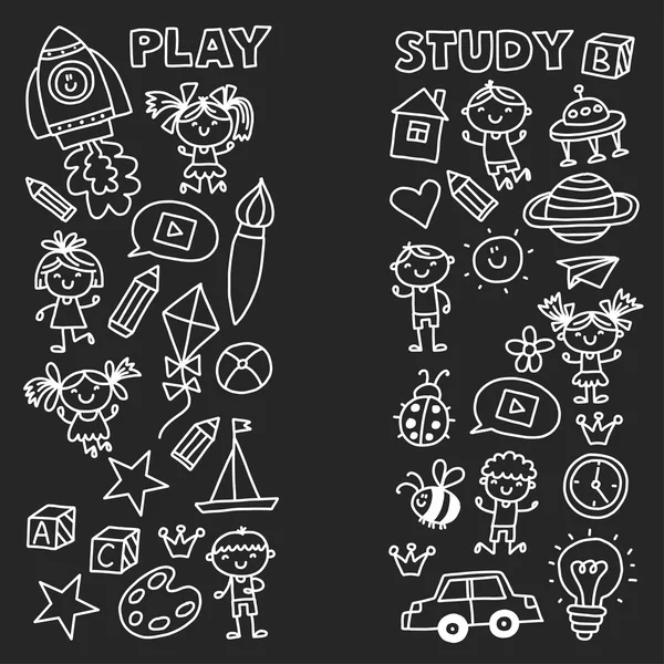 Kindergarten Nursery Preschool School education with children Doodle pattern Play and study Boys and girls kids drawing icons Space, adventure, exploration, imagination concept Blackboard chalk image — Stock Vector