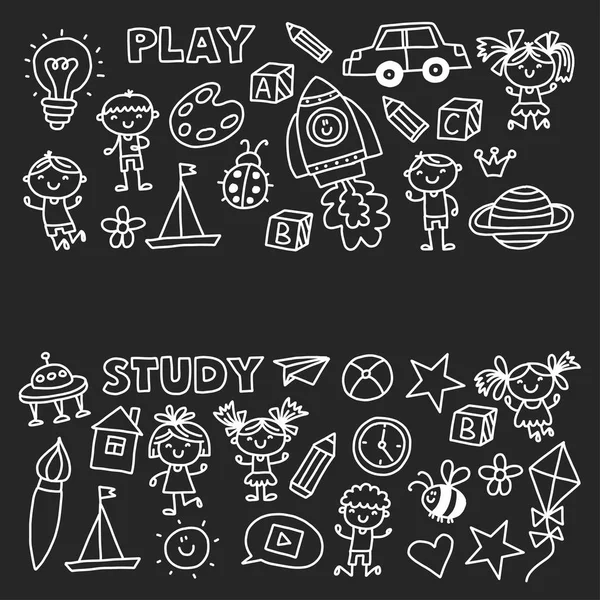 Kindergarten Nursery Preschool School education with children Doodle pattern Play and study Boys and girls kids drawing icons Space, adventure, exploration, imagination concept Blackboard chalk image — Stock Vector
