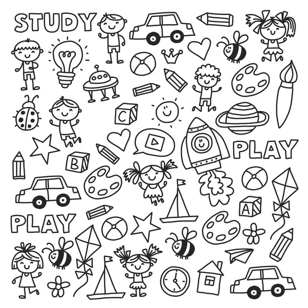 Kindergarten Nursery Preschool School education with children Doodle pattern Kids play and study Boys and girls kids drawing icons Space, adventure, exploration, imagination concept — Stock Vector