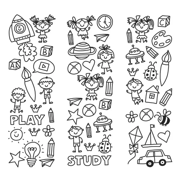 Kindergarten Nursery Preschool School education with children Doodle pattern Kids play and study Boys and girls kids drawing icons Space, adventure, exploration, imagination concept Stock Vector