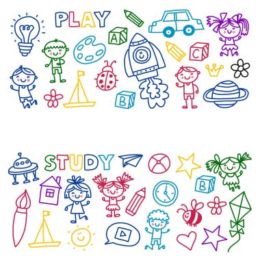 Zaman macera kreş anaokulu okul öncesi okul doodle simgeler desen oynamak, çalışma çizim çocuklar mutlu çocuklar ve kızlar öğrenmek hayal yaratıcılık küçük çocuk oyun alanı keşfetmek sağlar