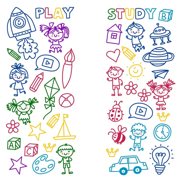 Time to adventure Imagination Creativity Small children play Nursery Kindergarten Preschool School Kids drawing doodle icons Pattern Play, study learn with happy boys and girls Lets explore space — Stock Vector