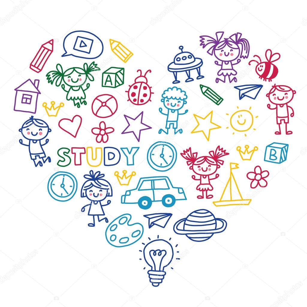 Time to adventure Imagination Creativity Small children play Nursery Kindergarten Preschool School Kids drawing doodle icons Pattern Play, study learn with happy boys and girls Lets explore space