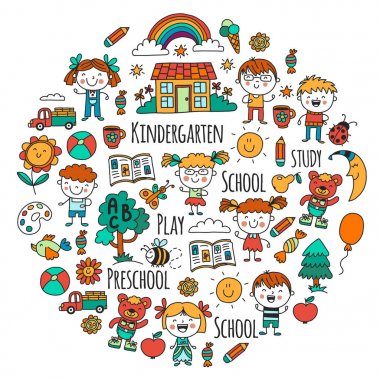 Hayal gücü. Keşif. Çalışma. Oyun. Bilgi edinin. Anaokulu. Çocuklar. Çizim çocuklar. Doodle simgesi. Resimde. Ay. Ev. Oğlanlar ve kızlar. Okul öncesi, okul resmi. Vektör desen