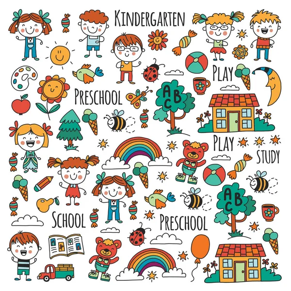 Imaginación. Exploración. Estudia. Juega. Aprende. Jardín de infantes. Niños. Niños dibujando. Icono de Doodle. Ilustración. Luna. Casa. Chicos y chicas. Preescolar, foto escolar. Patrón vectorial — Archivo Imágenes Vectoriales