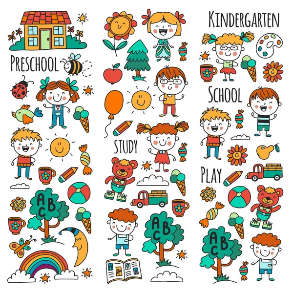 Imaginación. Exploración. Estudia. Juega. Aprende. Jardín de infantes. Niños. Niños dibujando. Icono de Doodle. Ilustración. Luna. Casa. Chicos y chicas. Preescolar, foto escolar. Patrón vectorial — Archivo Imágenes Vectoriales