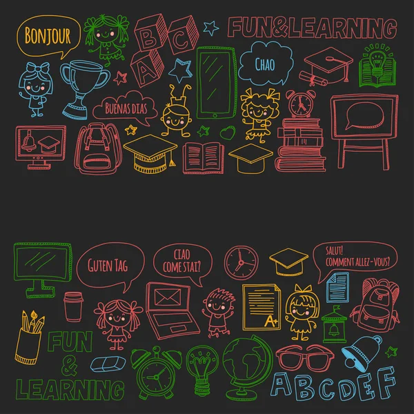 Blackboard  doodle set Children language school Kindergarten kids Pattern with doodle kids drawing style icons Play and study and grow Creative images for college, university, school