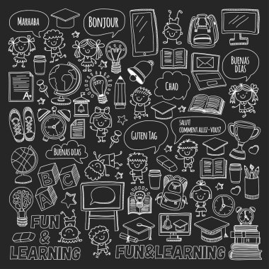 Blackboard vektör doodle set çocuk Dil Okulu anaokulu desen çizim stili simgeler kullan ve çalışma doodle kids ile çocuklar ve üniversite, üniversite, okul için yaratıcı görüntüler büyümek
