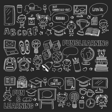 Blackboard vektör doodle set çocuk Dil Okulu anaokulu desen çizim stili simgeler kullan ve çalışma doodle kids ile çocuklar ve üniversite, üniversite, okul için yaratıcı görüntüler büyümek