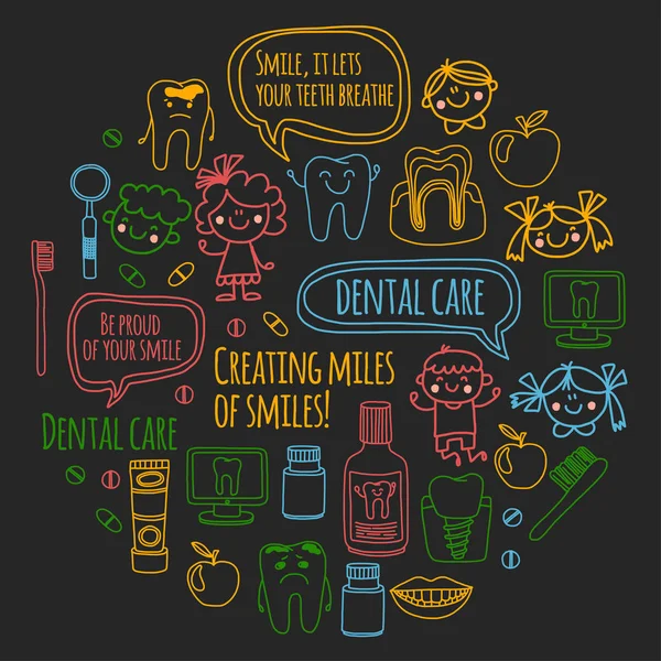 Escola de Denistia Infantil, jardim de infância, crianças com dentes saudáveis. Sorrisos, escovas de dentes, medicina Meninos e meninas felizes Tratamento dentário sem dor — Vetor de Stock