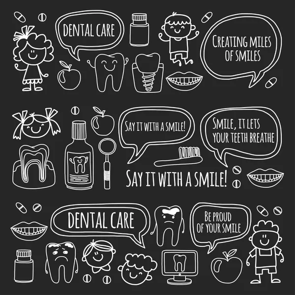 Çocuk denistry Okulu, anaokulu, kreş çocuklar sağlıklı dişlere sahip. Gülümsüyor, diş fırçası, mutlu erkek ve kız diş tedavi tıp acısız — Stok Vektör