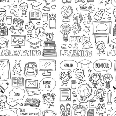 Dil okul çocukları, chidlren, bayanlar baylar. Mutlu Öğrenciler üniversite, üniversite, İngilizce, İspanyolca, Almanca, İtalyanca, Arapça dil öğrenmek sorunsuz vektör desen anaokulu dil sınıfları