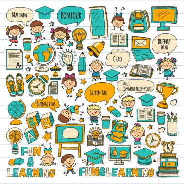 Dil okul çocukları, chidlren, bayanlar baylar. Mutlu Öğrenciler üniversite, üniversite, İngilizce, İspanyolca, Almanca, İtalyanca, Arapça dil öğrenmek oyun, çalışma vektör simgeler anaokulu dil sınıfları