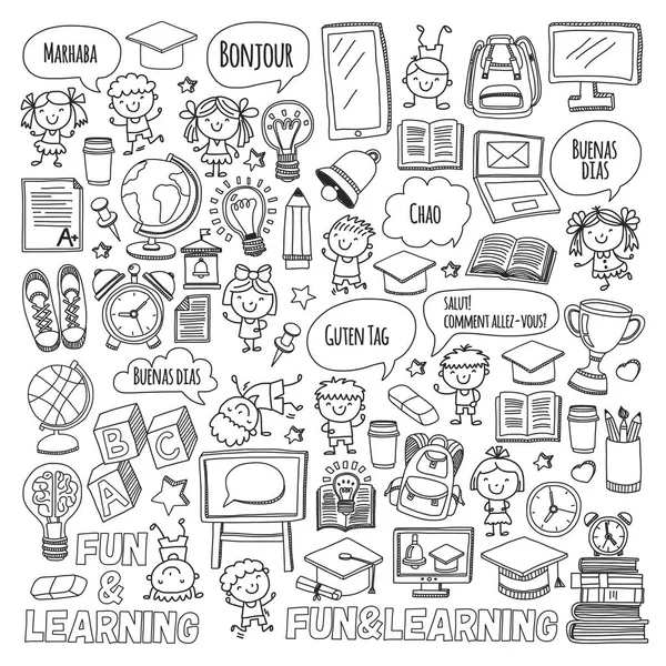 Language school Kids, chidlren, boys and girls. Happy students learning english, spanish, german, italian, arabic languages College, university, kindergarten language classes Play, study vector icons — Stock Vector