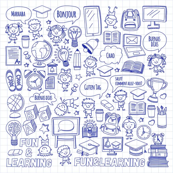 Escuela de idiomas Niños, chidlren, niños y niñas. Estudiantes felices aprendiendo inglés, español, alemán, italiano, idiomas árabes Colegio, universidad, kindergarten clases de idiomas Jugar, iconos de vectores de estudio — Vector de stock