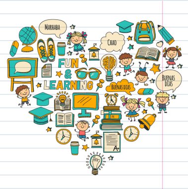 Dil okul çocukları, chidlren, bayanlar baylar. Mutlu Öğrenciler üniversite, üniversite, İngilizce, İspanyolca, Almanca, İtalyanca, Arapça dil öğrenmek oyun, çalışma vektör simgeler anaokulu dil sınıfları