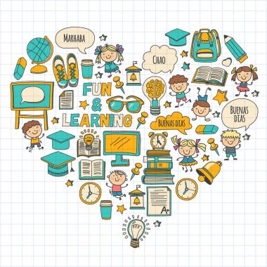 Dil okul çocukları, chidlren, bayanlar baylar. Mutlu Öğrenciler üniversite, üniversite, İngilizce, İspanyolca, Almanca, İtalyanca, Arapça dil öğrenmek oyun, çalışma vektör simgeler anaokulu dil sınıfları