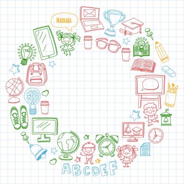 Dil okul çocukları, chidlren, bayanlar baylar. Mutlu Öğrenciler üniversite, üniversite, İngilizce, İspanyolca, Almanca, İtalyanca, Arapça dil öğrenmek oyun, çalışma vektör simgeler anaokulu dil sınıfları