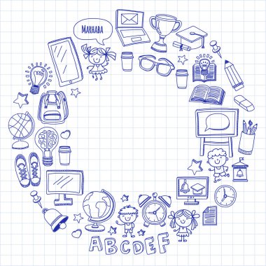 Dil okul çocukları, chidlren, bayanlar baylar. Mutlu Öğrenciler üniversite, üniversite, İngilizce, İspanyolca, Almanca, İtalyanca, Arapça dil öğrenmek oyun, çalışma vektör simgeler anaokulu dil sınıfları