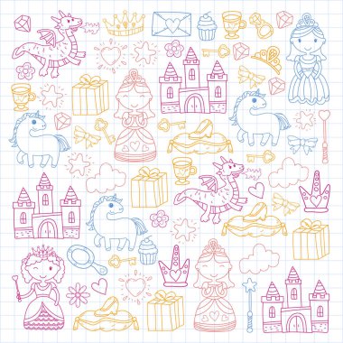 Doodle Prenses ve fantezi simge kümesi ve ve tasarım öğesi davet ve tebrik kartı için. Çizim çocuklar. Anaokulu, okul öncesi, okul desen