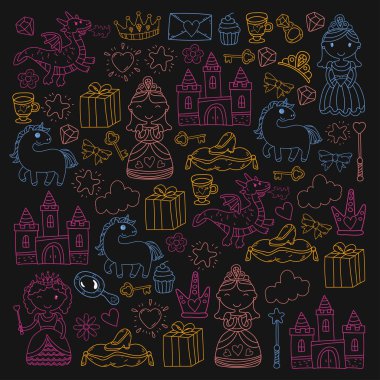 Doodle Prenses ve fantezi simge kümesi ve ve tasarım öğesi davet ve tebrik kartı için. Çizim çocuklar. Anaokulu, okul öncesi, okul desen