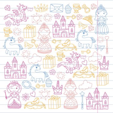 Doodle Prenses ve fantezi simge kümesi ve ve tasarım öğesi davet ve tebrik kartı için. Çizim çocuklar. Anaokulu, okul öncesi, okul desen