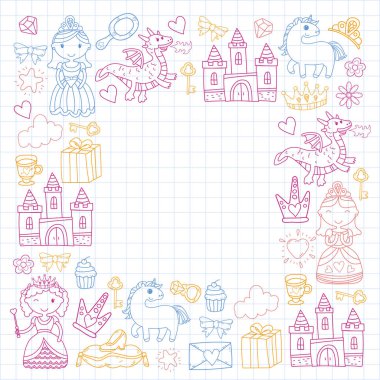 Doodle Prenses ve fantezi simge kümesi ve ve tasarım öğesi davet ve tebrik kartı için. Çizim çocuklar. Anaokulu, okul öncesi, okul desen