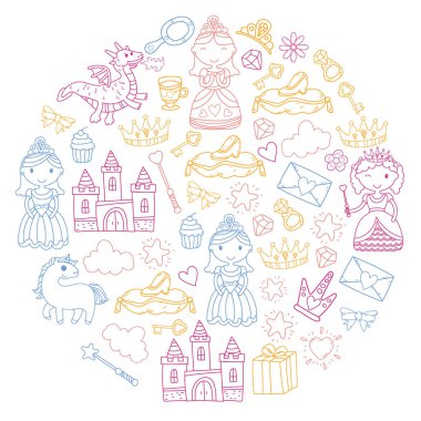 Doodle Prenses ve fantezi simge kümesi ve ve tasarım öğesi davet ve tebrik kartı için. Çizim çocuklar. Anaokulu, okul öncesi, okul desen
