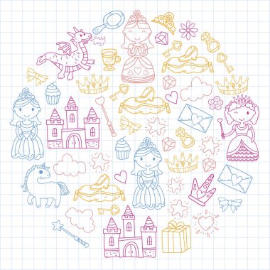 Doodle Prenses ve fantezi simge kümesi ve ve tasarım öğesi davet ve tebrik kartı için. Çizim çocuklar. Anaokulu, okul öncesi, okul desen