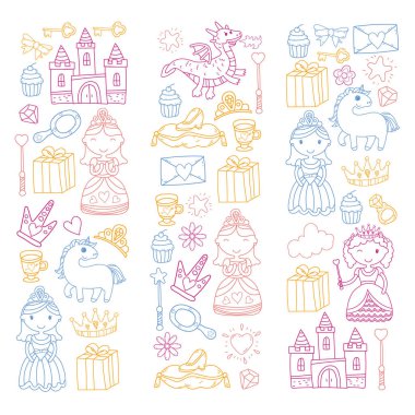 Doodle Prenses ve fantezi simge kümesi ve ve tasarım öğesi davet ve tebrik kartı için. Çizim çocuklar. Anaokulu, okul öncesi, okul desen