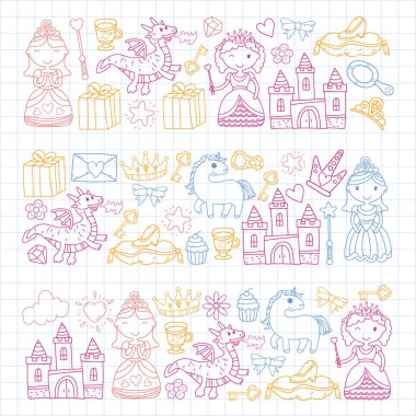 Doodle Prenses ve fantezi simge kümesi ve ve tasarım öğesi davet ve tebrik kartı için. Çizim çocuklar. Anaokulu, okul öncesi, okul desen