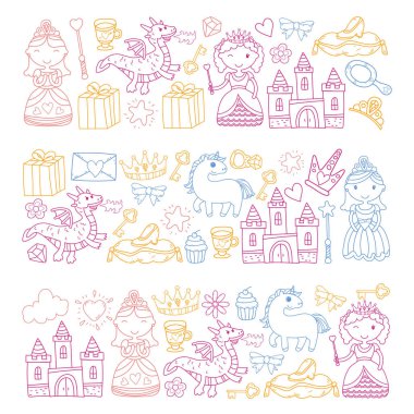 Doodle Prenses ve fantezi simge kümesi ve ve tasarım öğesi davet ve tebrik kartı için. Çizim çocuklar. Anaokulu, okul öncesi, okul desen