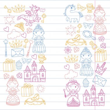 Doodle Prenses ve fantezi simge kümesi ve ve tasarım öğesi davet ve tebrik kartı için. Çizim çocuklar. Anaokulu, okul öncesi, okul desen