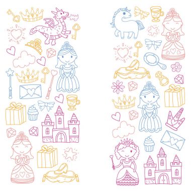 Doodle Prenses ve fantezi simge kümesi ve ve tasarım öğesi davet ve tebrik kartı için. Çizim çocuklar. Anaokulu, okul öncesi, okul desen