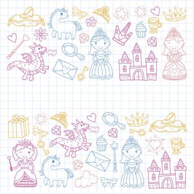 Doodle Prenses ve fantezi simge kümesi ve ve tasarım öğesi davet ve tebrik kartı için. Çizim çocuklar. Anaokulu, okul öncesi, okul desen