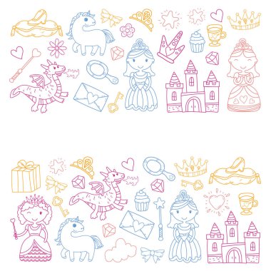 Doodle Prenses ve fantezi simge kümesi ve ve tasarım öğesi davet ve tebrik kartı için. Çizim çocuklar. Anaokulu, okul öncesi, okul desen