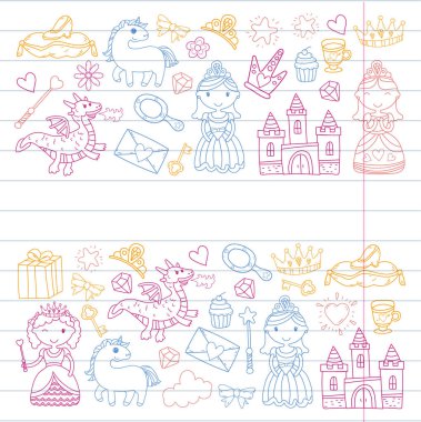Doodle Prenses ve fantezi simge kümesi ve ve tasarım öğesi davet ve tebrik kartı için. Çizim çocuklar. Anaokulu, okul öncesi, okul desen