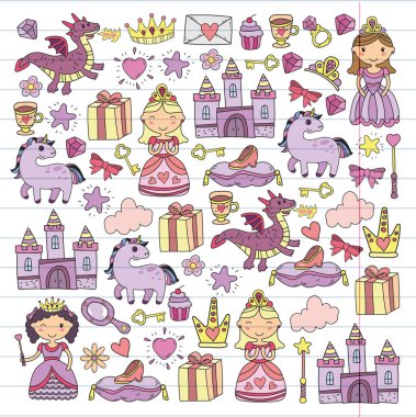Doodle Prenses ve fantezi simge kümesi ve ve tasarım öğesi davet ve tebrik kartı için. Çizim çocuklar. Anaokulu, okul öncesi, okul desen
